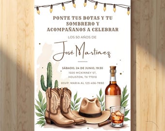 50Th Cowboy Invite Spanish, Vintage Mens Birthday Invite For A Rodeo Theme, Mexican Fiesta Editable Template for him (Digital Download) CI