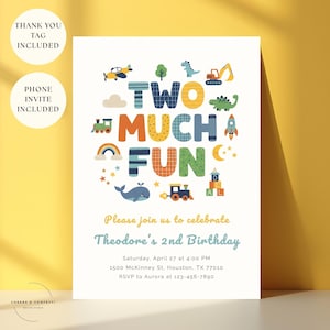 May include: A white invitation card with the text "TWO MUCH FUN" in colorful letters, surrounded by playful illustrations of a plane, dinosaur, train, and whale. The invitation is for Theodore's 2nd birthday.
