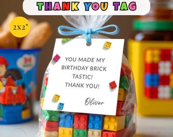 Bricks Thank You Tag, Editable Printable Gift Tags for Building Blocks Birthday Party, Kids Favor Labels, Digital Party Table Decor LI