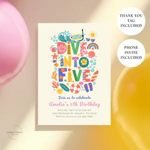 Dive Into Five Girl Invite, Summer Pool Party 5th Birthday Invitation, Mermaid Under The Sea, Swimming Beach Party (Digital Download)