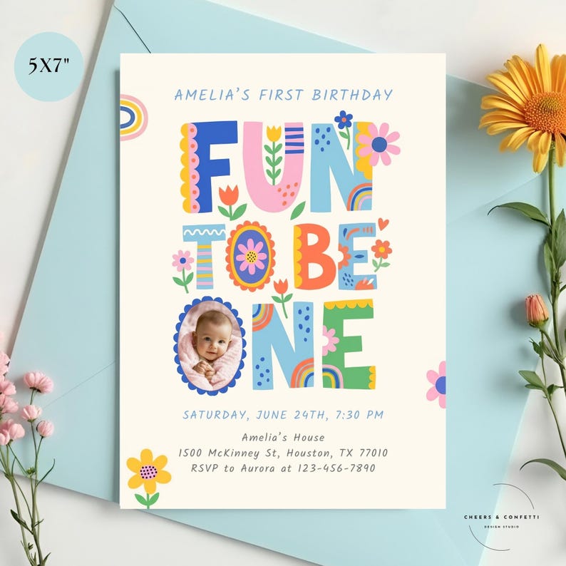 first birthday girl invite with photo featuring colorful balloons and cheerful party colors, editable drag and drop baby photo invite with matching thank you tag included and mobile phone invite included.