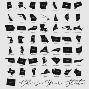 Op de afbeelding: Een zwart-witte afbeelding met de contouren van alle 50 Amerikaanse staten. Elke staat heeft een hart met de letters "A" en "B" erin. De tekst "Choose Your State" staat onderaan de afbeelding.