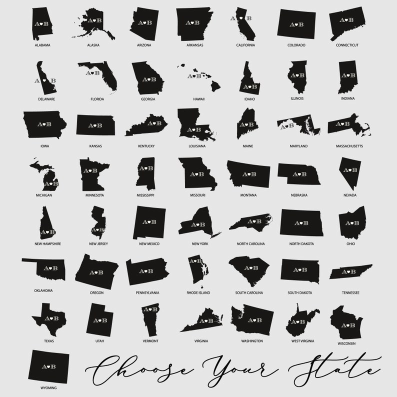 Op de afbeelding: Een zwart-witte afbeelding met de contouren van alle 50 Amerikaanse staten. Elke staat heeft een hart met de letters "A" en "B" erin. De tekst "Choose Your State" staat onderaan de afbeelding.