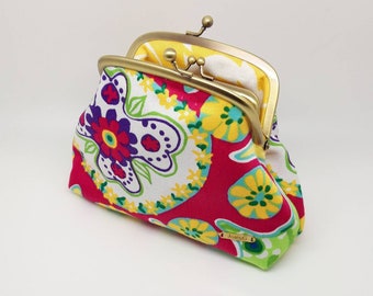 Summer Flower Clutch Coin Purse Wallet Cotton Double Frame Metal Bag Pocket Kiss Lock Joanyg Gift for Women Yellow Green Blue Tropical Pink