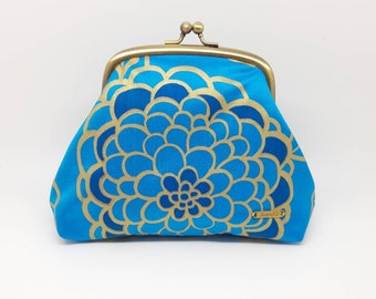 Blue Gold Kisslock Coin Purse Clasp Wallet Clutch Gift for Women Flower Metal Frame Small Bag Silk Joanyg Irish Navy Aqua Handmade