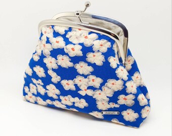 Blue Flower Kisslock Coin Clasp Purse Wallet Clutch Gift for Women Joanyg Metal Frame  Pouch Small Bag Orange Silver Cream Cotton Silk