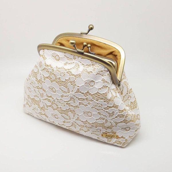 White Lace Bridal Clutch Coin Purse Wallet Kisslock Double Pocket Gift Handmade Frame Double Joanyg Pouch Bag Gold Glitter Silk Flowers