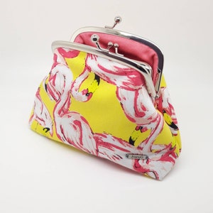 Flamingo embreagem moeda bolsa carteira de algodão prata dupla moldura metal bolso beijo joanyg presente pássaro rosa amarelo amarelo penas