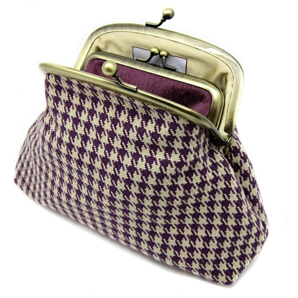 Purple Cream Hounds Tooth Coin Purse Wallet Clutch Cotton Lining Kiss Lock Double Frame Gold