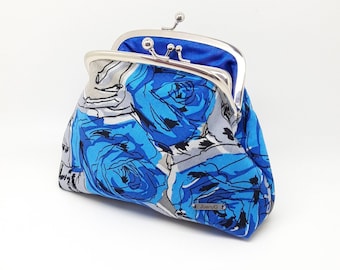 Blue Rose Coin Purse Wallet Kisslock Double Metal Frame Gift for Women Handmade Irish  Gray Flower Pattern Small Bag Silk Handbag Clasp