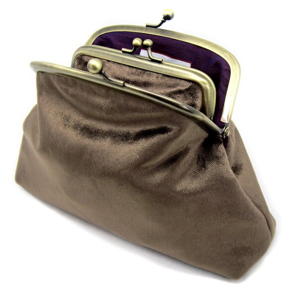 Kiss Lock Purse Clutch Wallet Gift for Women Coffee Brown Velvet Purple Silk Double Gold Metal Frame