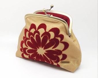 Red Gold Kisslock Coin Purse Clasp Wallet Clutch Gift for Women Metal Frame Small Bag Joanyg Irish Velvet Silk Flower Pattern