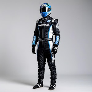 Puede incluir: Un traje de carreras negro y azul con detalles blancos, un casco, guantes y botas a juego. El traje presenta el texto "RACE FORGE" y otros logotipos. El casco es azul y negro con visera.