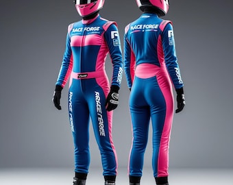 May include: Two racing suits, one facing forward and one from the back, in a studio setting. The suits are blue and pink with the words "RACE FORGE" on the chest and back. The suits include a matching pink helmet, black gloves, and black boots.