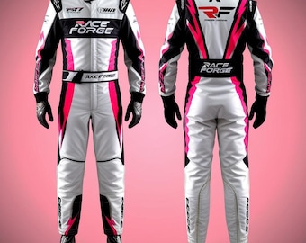 May include: A white racing suit with black and pink accents. The suit features the text "RACE FORGE" across the chest and waist, with additional branding on the back. Black gloves and boots complete the look.
