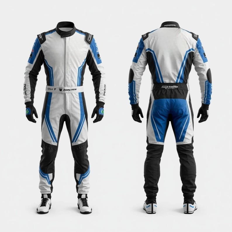 May include: A white and blue racing suit with black accents. The suit features a zip-up front, a black collar, and the word "MONSTER" on the collar. The suit has the words "RACE FORTER" on the back and "CLAT" and "MONSTER" on the front.