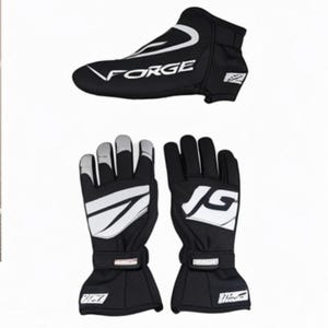 May include: Black racing gloves and shoe cover set. The shoe cover has the word "FORGE" in white. The gloves have white accents and a wrist strap. The gloves and shoe cover are designed for racing.