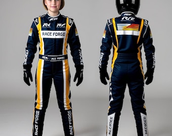 May include: Two images of a child wearing a navy blue and yellow racing suit with the words "RACE FORGE" and "R2" printed on it. The suit has white accents and black gloves. One image shows the front of the suit, and the other shows the back.