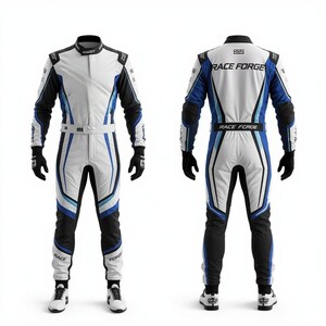 May include: A white and blue racing suit with black accents. The suit features the text "RACE FORGE" and "RAGET". The suit has a front zipper, a belt, and black gloves. The suit is paired with white and black racing shoes.