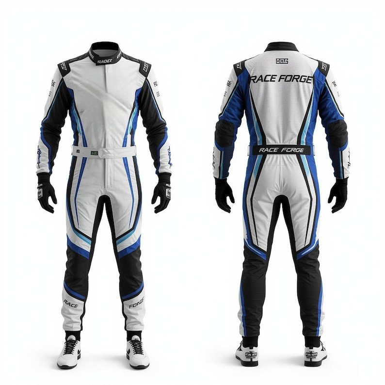 May include: A white and blue racing suit with black accents. The suit features the text "RACE FORGE" and "RAGET". The suit has a front zipper, a belt, and black gloves. The suit is paired with white and black racing shoes.