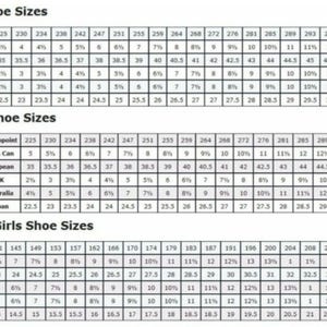 May include: Shoe size conversion chart for men, women, and boys & girls. Includes Mondopoint, US & Canadian, European, UK, Australian, and Japanese sizes. Useful for online shoe shopping.