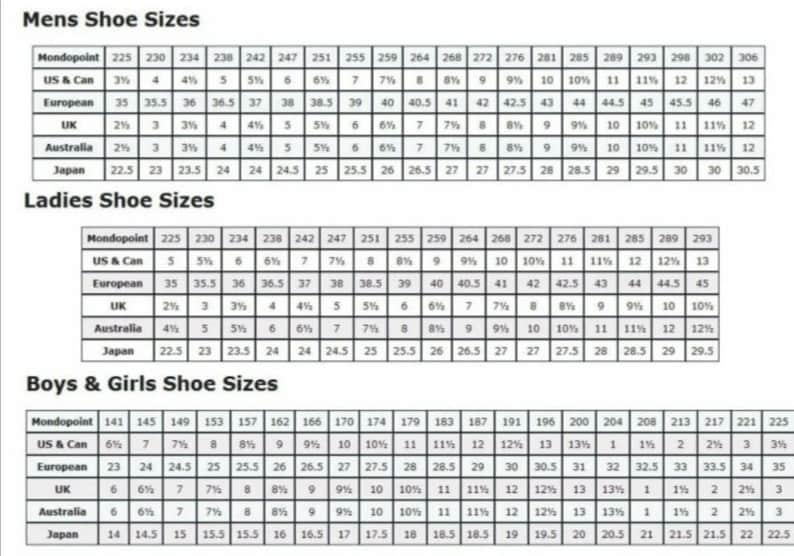 May include: Shoe size conversion chart for men, women, and boys & girls. Includes Mondopoint, US & Canadian, European, UK, Australian, and Japanese sizes. Useful for online shoe shopping.