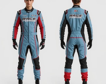 May include: A light blue racing suit with red and black accents. The suit features the text "RACE FORGE" on the chest and back. The suit has black gloves and boots. The suit is designed for motorsports.