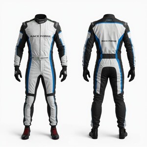 May include: A white and black racing suit with blue accents. The suit features the text "RACE FORGE" on the chest and back. The suit has black gloves and boots. The suit is designed for motorsports.