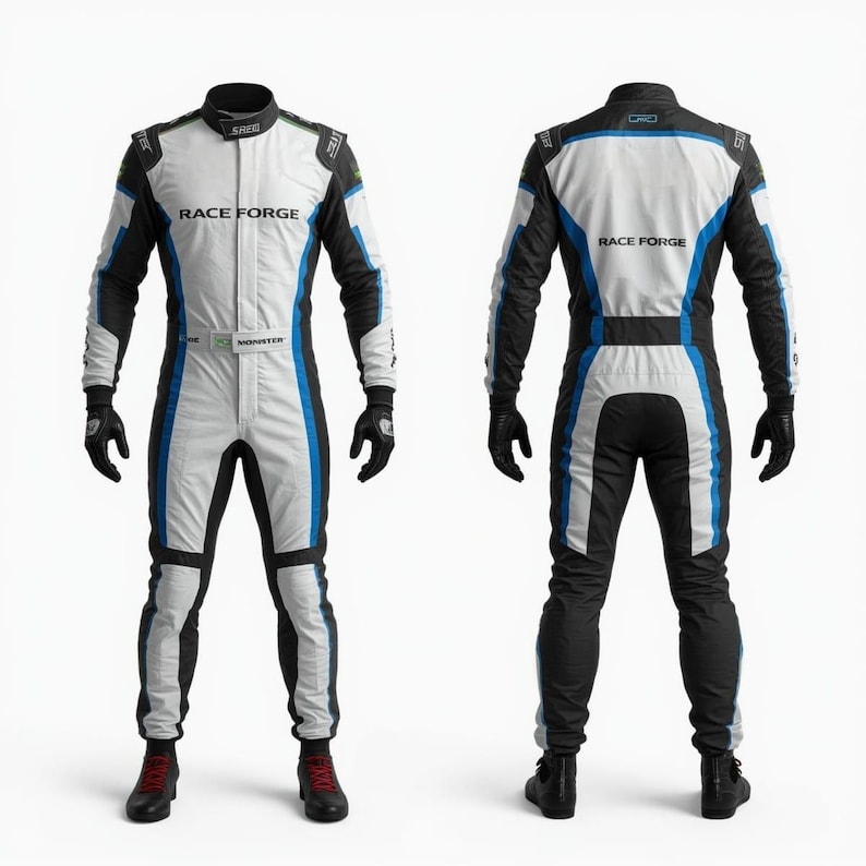 May include: A white and black racing suit with blue accents. The suit features the text "RACE FORGE" on the chest and back. The suit has black gloves and boots. The suit is designed for motorsports.