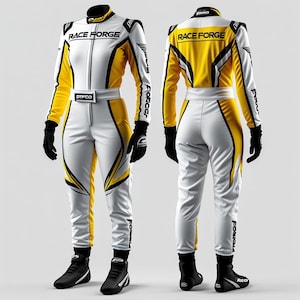 Puede incluir: Un traje de carreras blanco y amarillo con detalles en negro. El traje presenta el texto "RACE FORGE" en el pecho y la espalda, y "FORGE" en las mangas. Incluye cinturón, guantes y zapatos a juego.