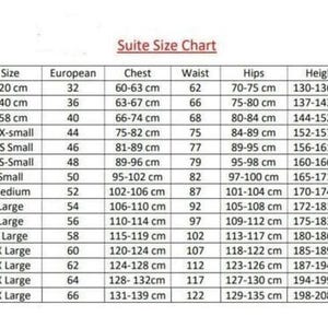 May include: A white chart titled "Suite Size Chart" with size conversions. Includes sizes from 120 cm to 139 cm, with corresponding European, chest, waist, hips, and height measurements in centimeters.