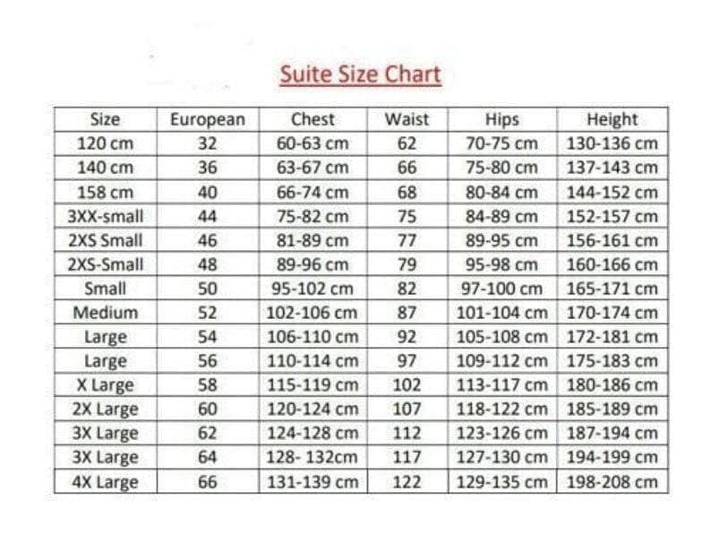 May include: A white chart titled "Suite Size Chart" with size conversions. Includes sizes from 120 cm to 139 cm, with corresponding European, chest, waist, hips, and height measurements in centimeters.
