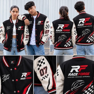 May include: A black and cream varsity jacket featuring red accents, checkered patterns, and the text "RF RACE FORGE" and "Built for Speed." The design includes the number "07" on the sleeves and a graphic of a racing helmet on the back.