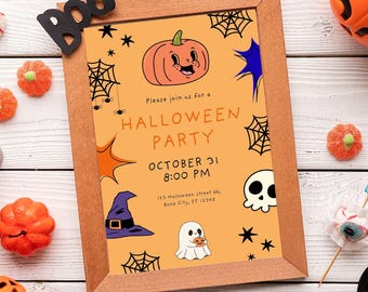 Cute Halloween Party Invitation | Editable Kids Halloween Invite | Instant Download | Canva Template | Ghost Pumpkin Witch Theme