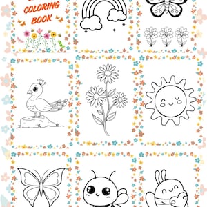 May include: A spring-themed coloring book with various illustrations, including a rainbow, butterflies, flowers, a peacock, a sun, and a bee. The cover reads "Spring Coloring Book" with a sun and butterflies.