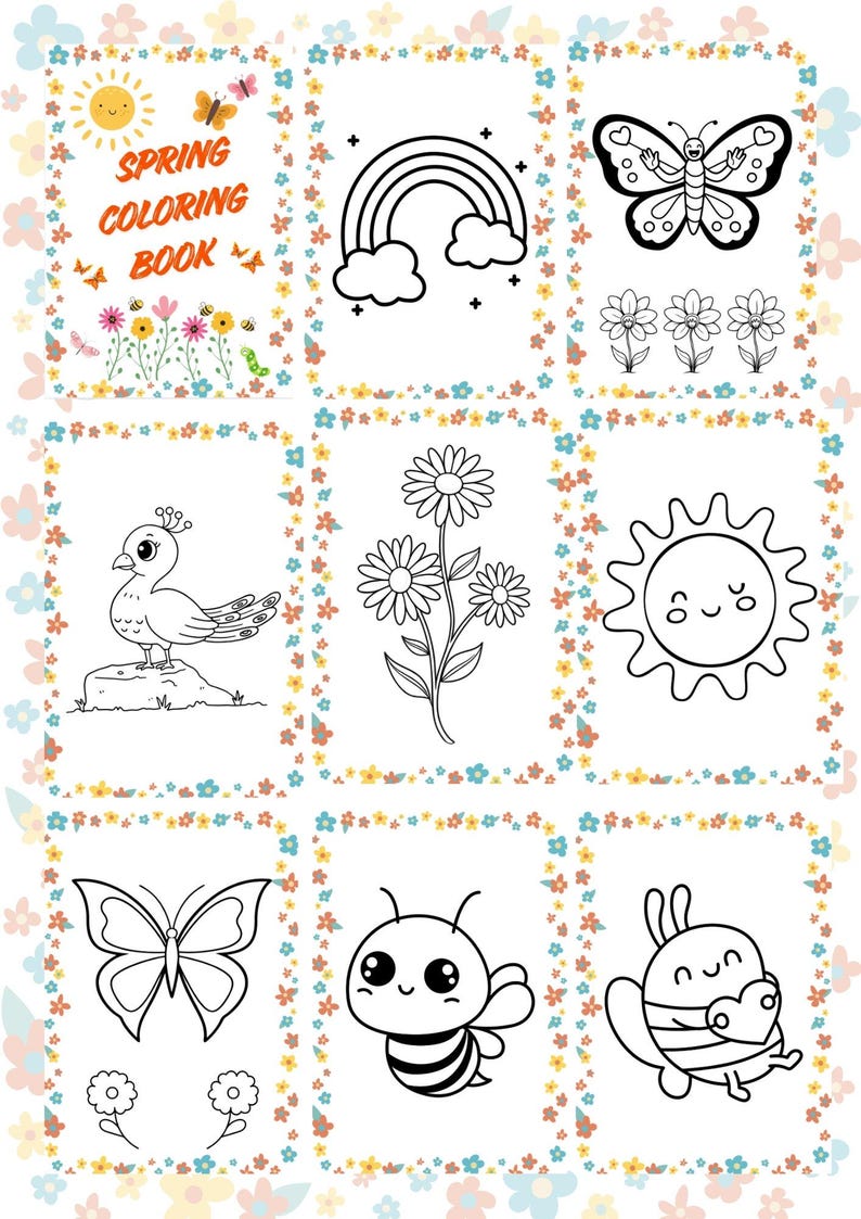 May include: A spring-themed coloring book with various illustrations, including a rainbow, butterflies, flowers, a peacock, a sun, and a bee. The cover reads "Spring Coloring Book" with a sun and butterflies.