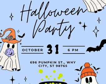 Peut inclure: Une invitation à une fête d'Halloween bleu clair avec le texte "Halloween Party". L'invitation comprend des illustrations de fantômes, de chauves-souris, d'une citrouille et d'un chaudron. La date est le 31 octobre à 18h00.