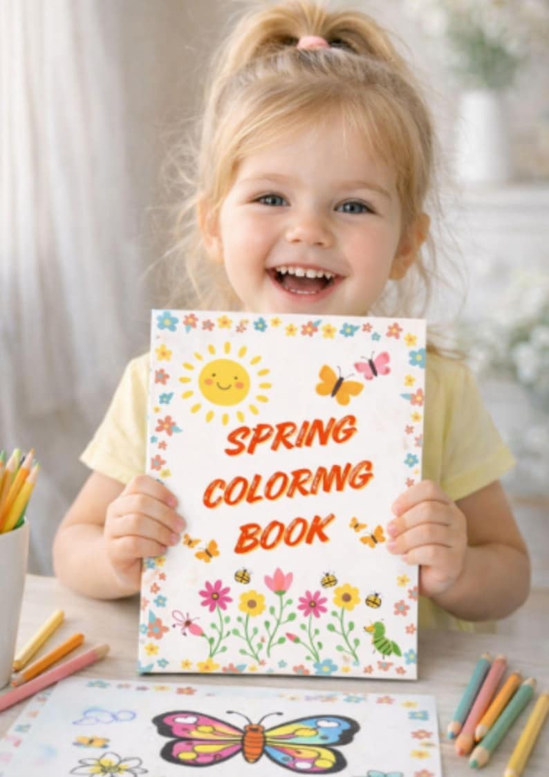 May include: A young child holds a "Spring Coloring Book" with a smiling sun, butterflies, and flowers. The cover is decorated with colorful illustrations. Colored pencils and a partially colored butterfly drawing are visible.