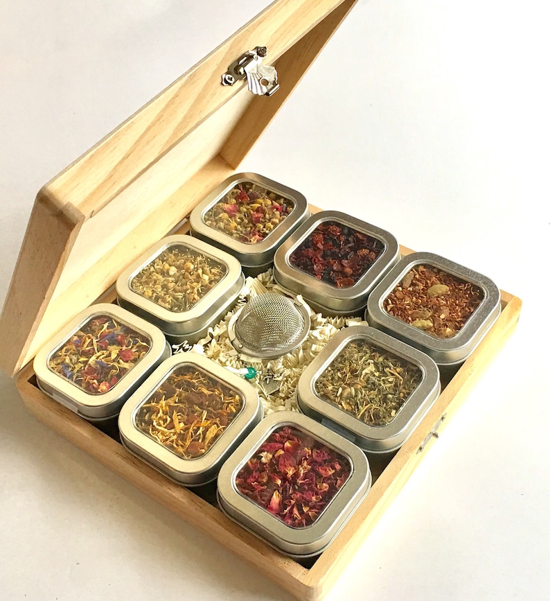 Herbal Tea Sampler Gift Set 8 Tins of Loose Leaf Decaf Tea