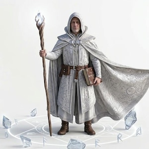 Celestial White Wizard Robe, Silk Velvet, Sun Moon Embroidery, Hooded Sorcerer Cape