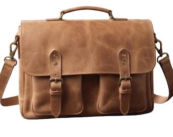Full-grain leather messenger bag, personalized laptop briefcase, anniversary gift for him