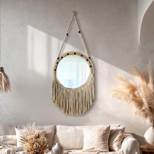 Handmade Macrame Mirror Boho Wall Decor | Round Fringe Mirror with Beads | Minimalist Rustic Vanity or Entryway Mirror