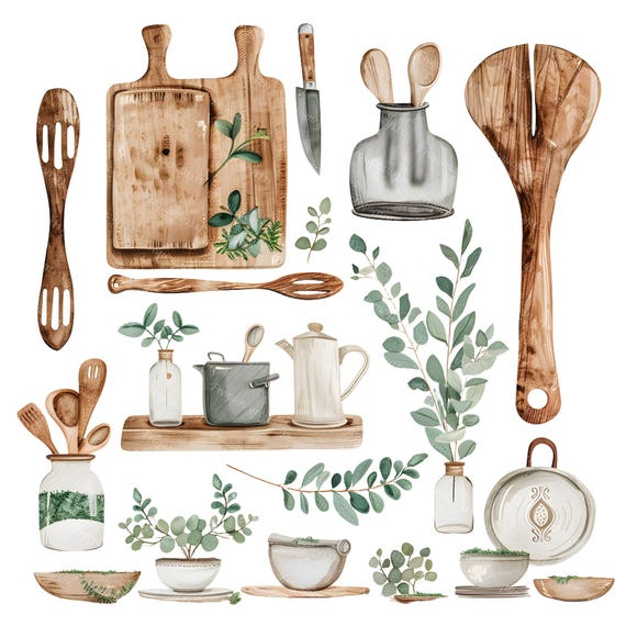 Watercolor Kitchen Clipart, Rustic Farmhouse PNG Set, Boho Cooking Utensils, Herb Botanical Clip Art