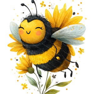 Cute Bumble Bee Kawaii Clipart, Watercolor Bee PNG, Happy Sunflower Bee Art, Spring & Summer Printable Images, Transparent Background Set