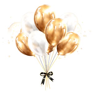 Gouden en witte ballon clipartbundel, 10 digitale png-ballonnen, elegant feestdecor, afdrukbare huwelijksverjaardag, luxe feestkunst