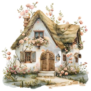 Cottage House Watercolor Clipart Bundle, 9 PNGs, Rustic Floral Home, Fairy Tale Cottage Art, Whimsical Architecture Clipart