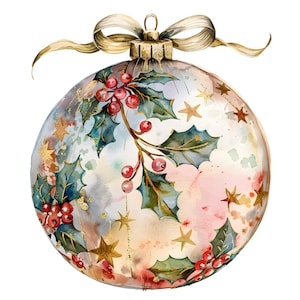 Watercolor Christmas Ornament Clipart Set, 11 Holiday PNG Images, Holly & Gold Star Clip Art, Festive Winter Clipart, Transparent Background