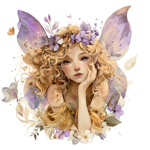 Pacchetto di clipart di fate stravaganti, 10 illustrazioni PNG floreali fantasy ad acquerello, ali viola e oro da scaricare digitalmente per inviti e creazioni artigianali