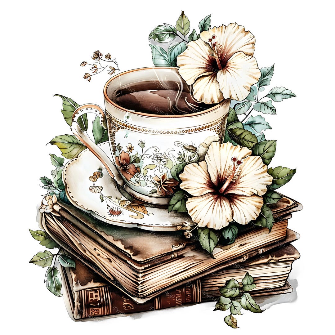 Vintage Tea and Books Clipart, Watercolor Floral Teacup PNG, Cozy ...