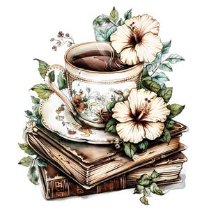 Clipart di tè e libri vintage, PNG di tazza da tè con fiori ad acquerello, set di clipart estetiche accoglienti, clipart di lettura autunnale, download istantaneo